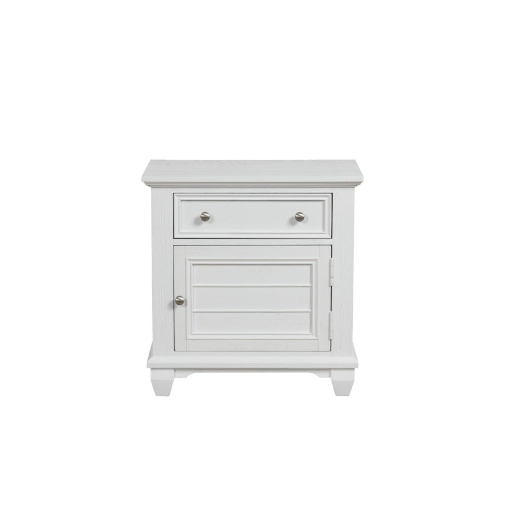 Jims 28 Inch Nightstand, Single Door and Drawer, Cup Handles, White Wood - BM304791