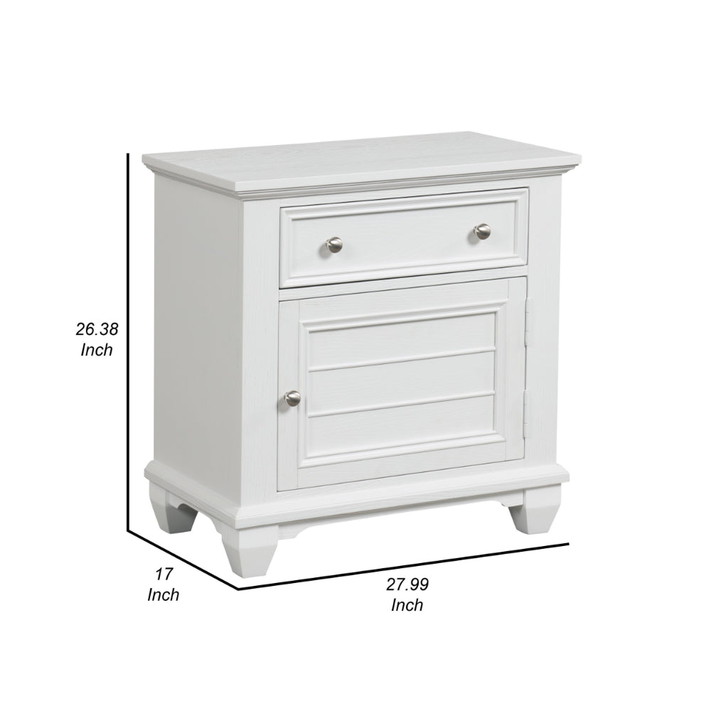 Jims 28 Inch Nightstand, Single Door and Drawer, Cup Handles, White Wood - BM304791