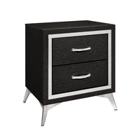 Haya 24 Inch 2 Drawer Nightstand, Embossed Jet Black Wood, Silver Trim - BM304794