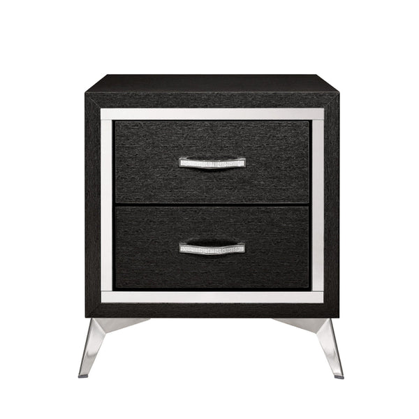 Haya 24 Inch 2 Drawer Nightstand, Embossed Jet Black Wood, Silver Trim - BM304794