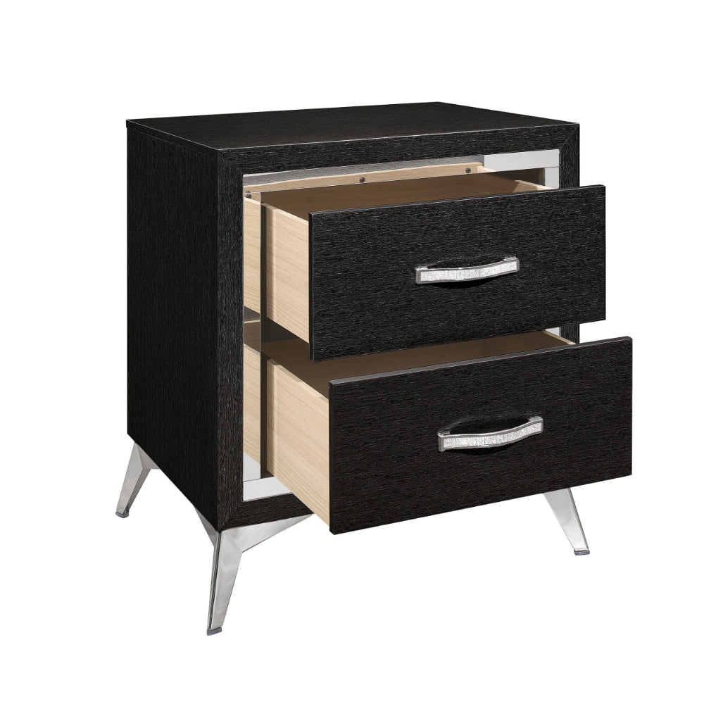 Haya 24 Inch 2 Drawer Nightstand, Embossed Jet Black Wood, Silver Trim - BM304794