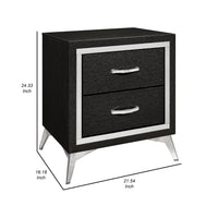 Haya 24 Inch 2 Drawer Nightstand, Embossed Jet Black Wood, Silver Trim - BM304794