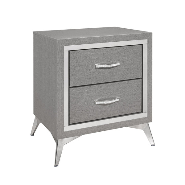 Haya 24 Inch 2 Drawer Nightstand, Embossed Smooth Gray Wood, Silver Trim - BM304795