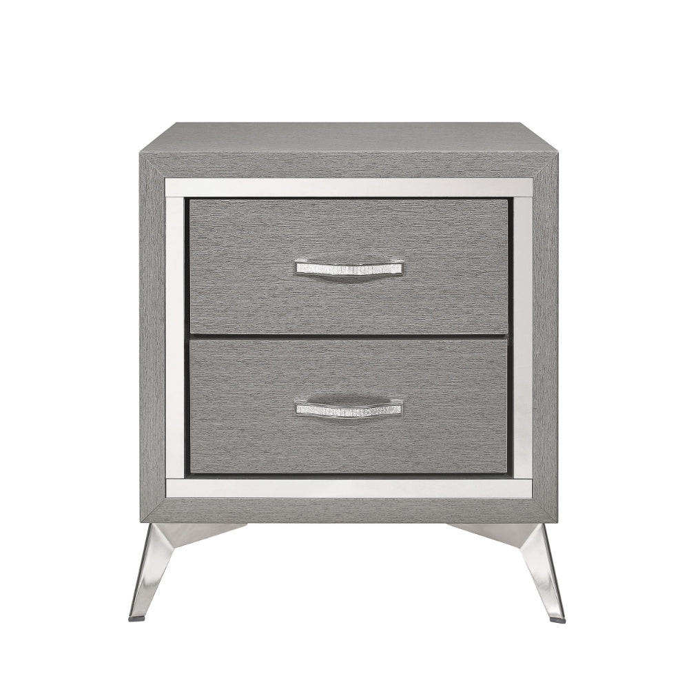 Haya 24 Inch 2 Drawer Nightstand, Embossed Smooth Gray Wood, Silver Trim - BM304795