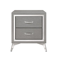 Haya 24 Inch 2 Drawer Nightstand, Embossed Smooth Gray Wood, Silver Trim - BM304795