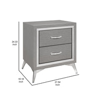 Haya 24 Inch 2 Drawer Nightstand, Embossed Smooth Gray Wood, Silver Trim - BM304795