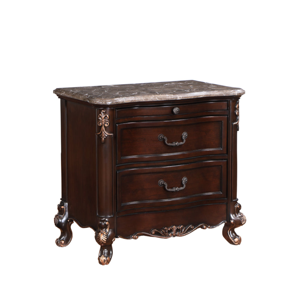 Leon 32 Inch 2 Drawer Nightstand, Carved Details, Marble Surface, Brown - BM304796