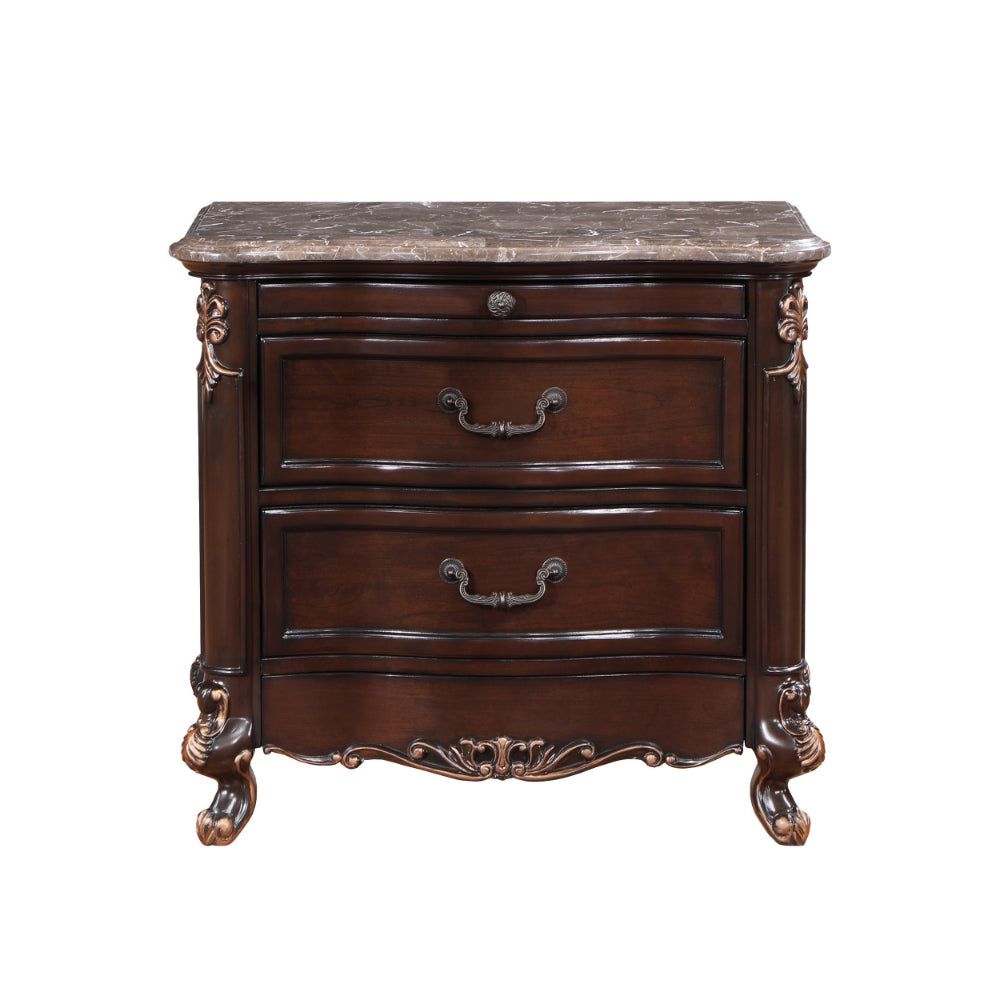 Leon 32 Inch 2 Drawer Nightstand, Carved Details, Marble Surface, Brown - BM304796