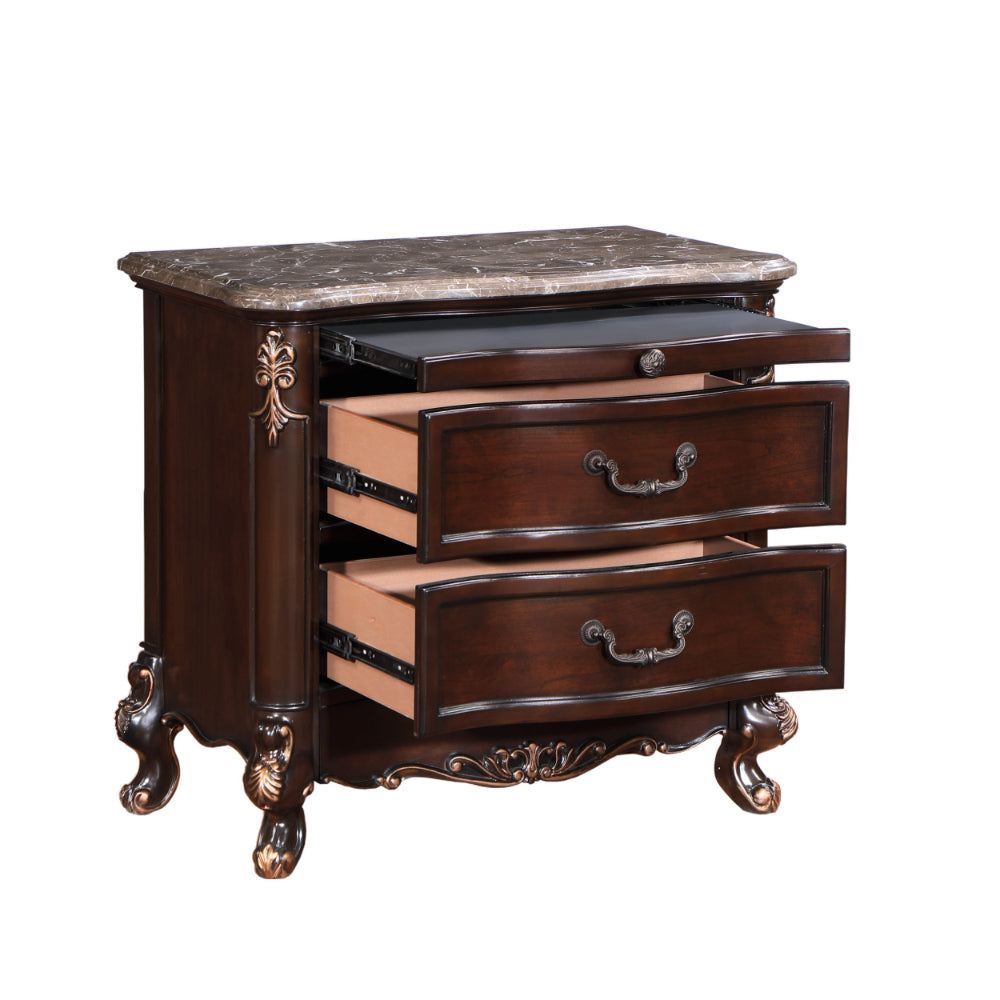 Leon 32 Inch 2 Drawer Nightstand, Carved Details, Marble Surface, Brown - BM304796