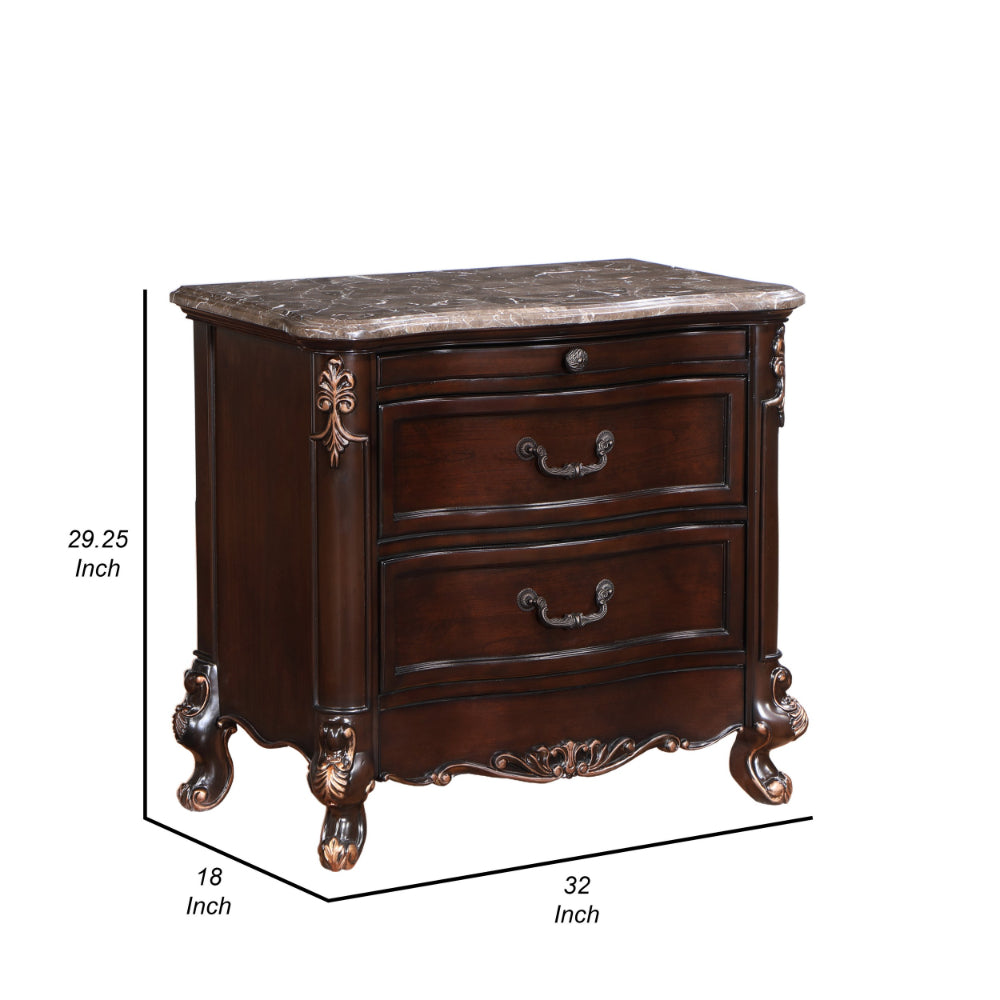 Leon 32 Inch 2 Drawer Nightstand, Carved Details, Marble Surface, Brown - BM304796