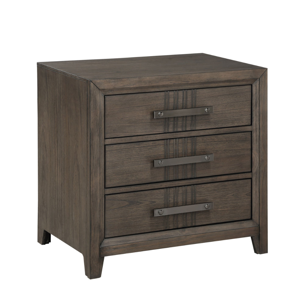 27 Inch Rustic Nightstand, 2 Drawers, Gray Metal Handles, Rich Brown Wood - BM304797