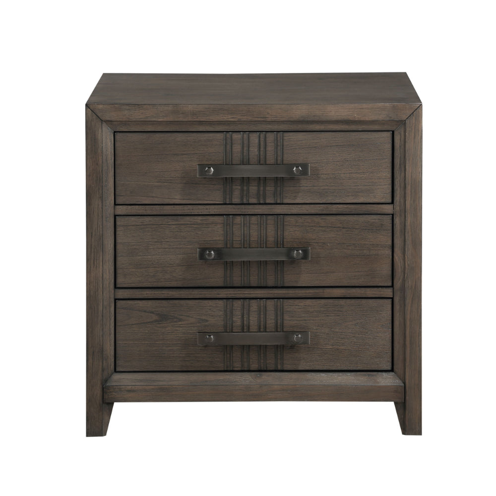 27 Inch Rustic Nightstand, 2 Drawers, Gray Metal Handles, Rich Brown Wood - BM304797