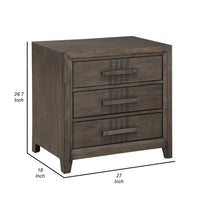 27 Inch Rustic Nightstand, 2 Drawers, Gray Metal Handles, Rich Brown Wood - BM304797