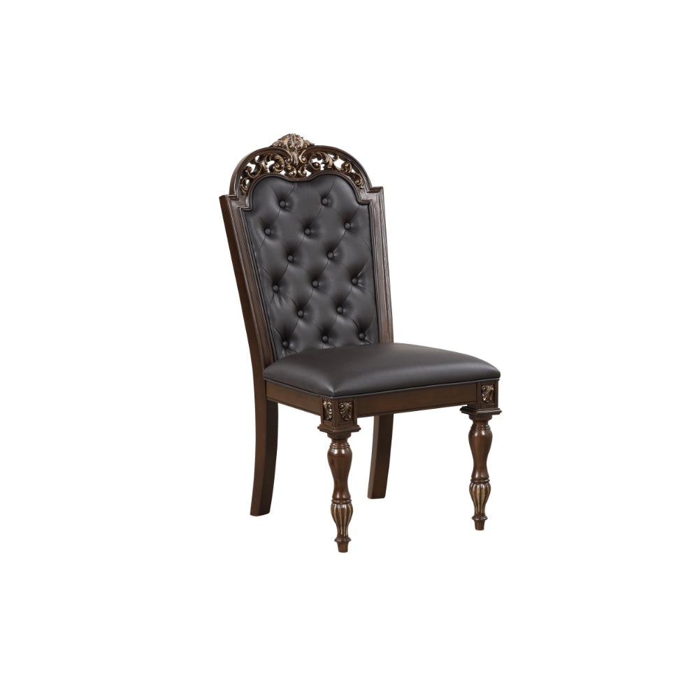 Mitch 21 Inch Tufted Dining Chair, Carved Details, Faux Leather Seat, Brown - BM304821