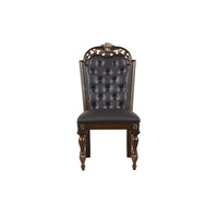 Mitch 21 Inch Tufted Dining Chair, Carved Details, Faux Leather Seat, Brown - BM304821