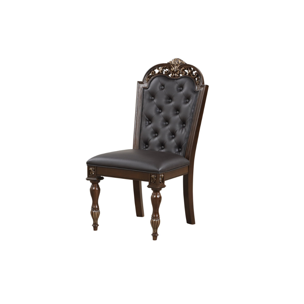 Mitch 21 Inch Tufted Dining Chair, Carved Details, Faux Leather Seat, Brown - BM304821