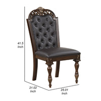 Mitch 21 Inch Tufted Dining Chair, Carved Details, Faux Leather Seat, Brown - BM304821