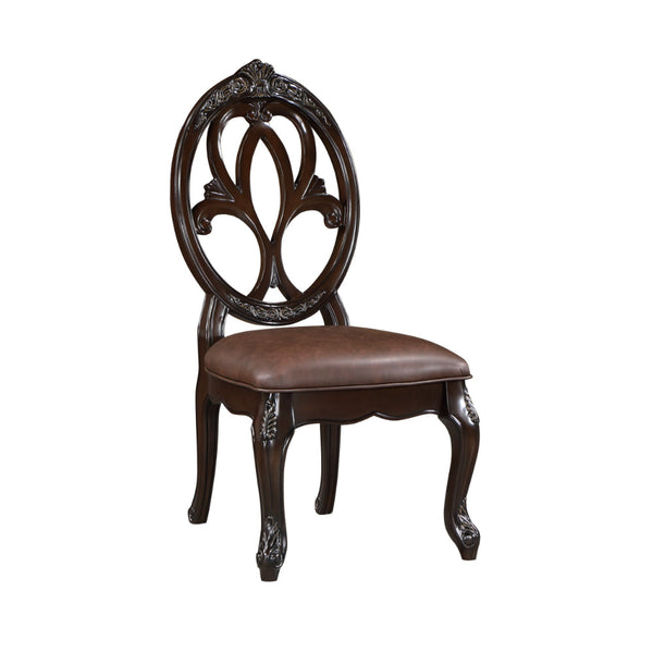Cran 21 Inch Dining Side Chair, Carved Details, Faux Leather Seat, Brown - BM304831