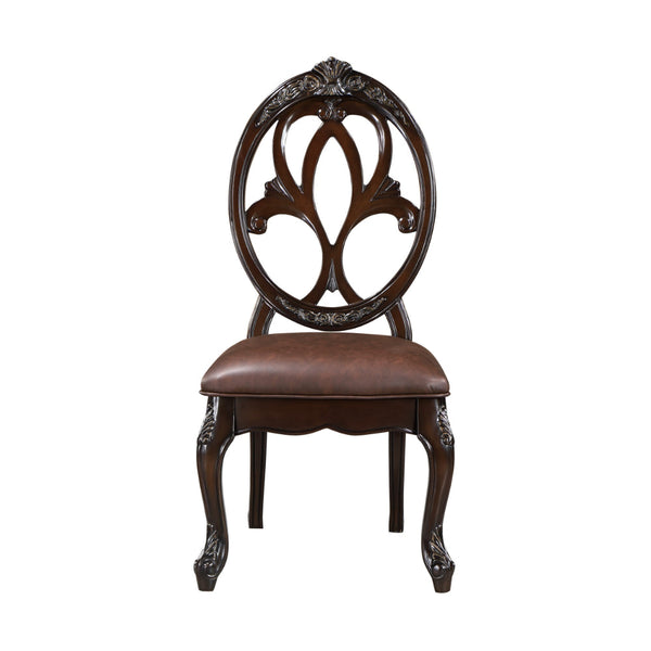 Cran 21 Inch Dining Side Chair, Carved Details, Faux Leather Seat, Brown - BM304831