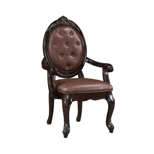 Cran 24 Inch Dining Armchair, Carved Details, Faux Leather Seat, Brown - BM304832