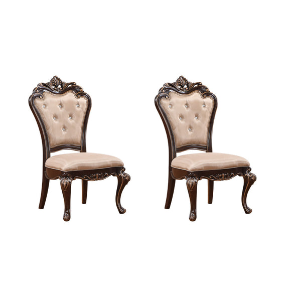 Leon 22 Inch Set of 2 Tufted Dining Chairs, Cherry Brown Wood, Beige Fabric - BM304844