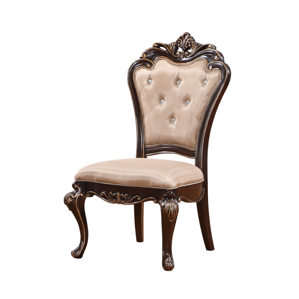 Leon 22 Inch Set of 2 Tufted Dining Chairs, Cherry Brown Wood, Beige Fabric - BM304844