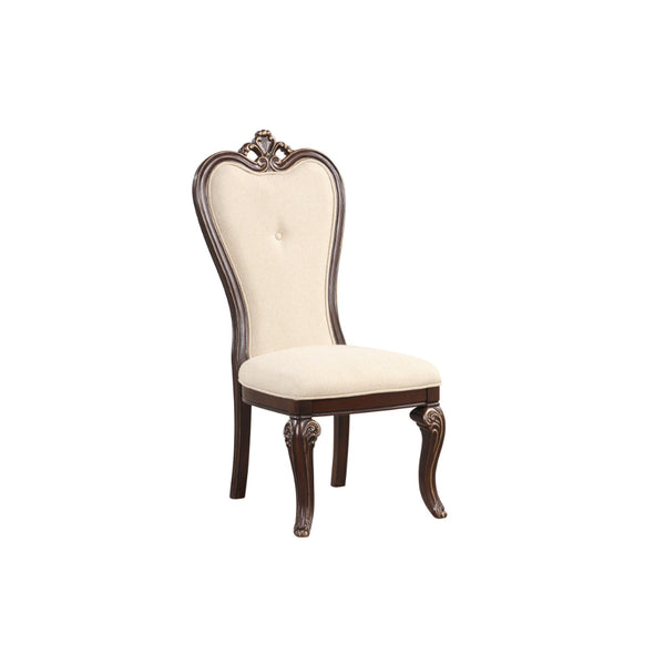 Mike 20 Inch Set of 2 Dining Chairs, Crown Top, Beige Fabric Brown Wood - BM304853