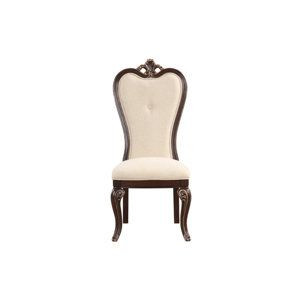 Mike 20 Inch Set of 2 Dining Chairs, Crown Top, Beige Fabric Brown Wood - BM304853