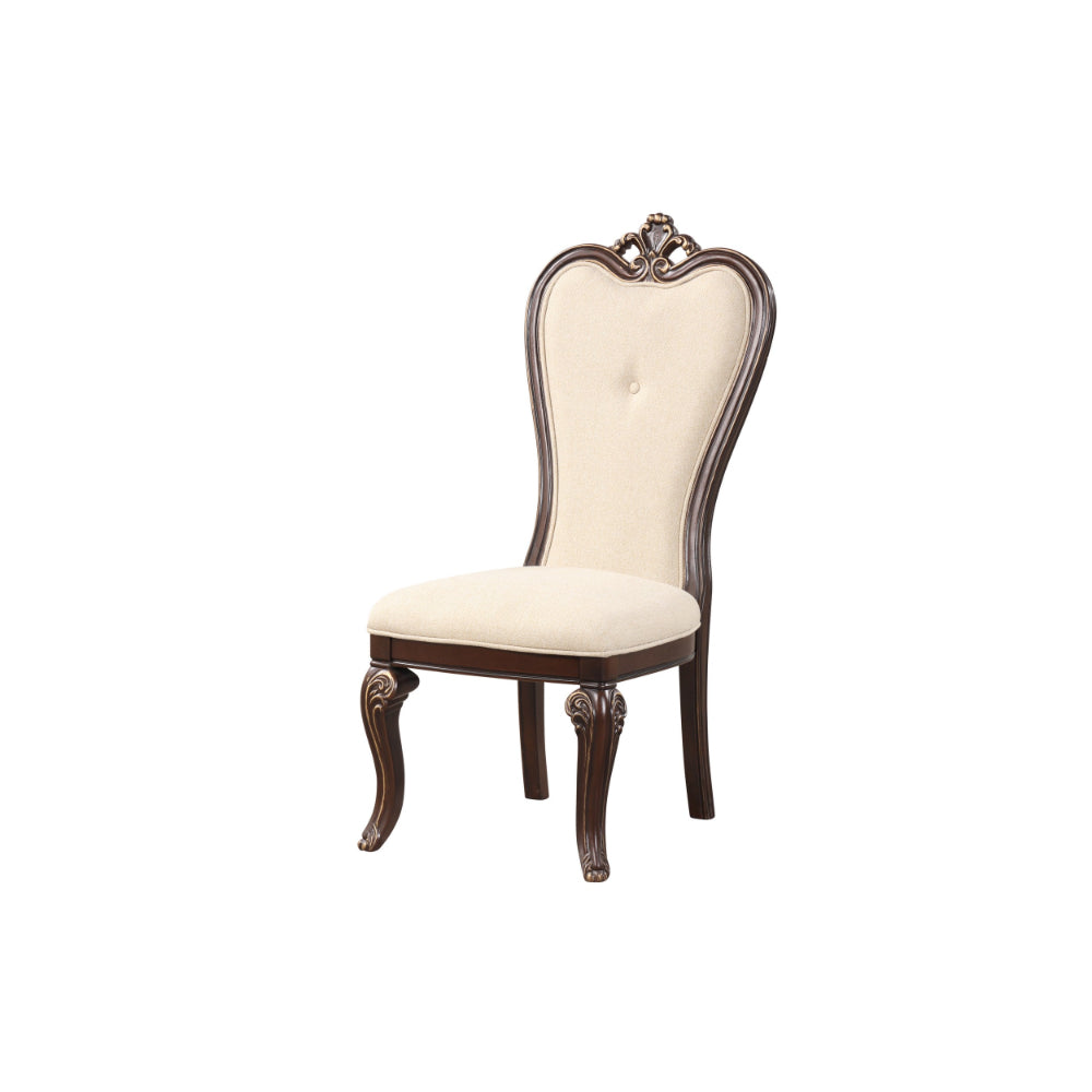 Mike 20 Inch Set of 2 Dining Chairs, Crown Top, Beige Fabric Brown Wood - BM304853