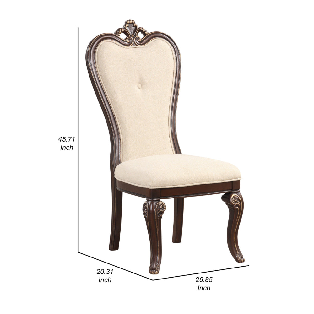 Mike 20 Inch Set of 2 Dining Chairs, Crown Top, Beige Fabric Brown Wood - BM304853