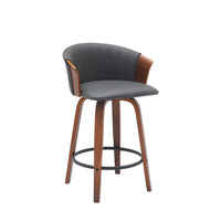 Oja 26 Inch Swivel Counter Stool Chair, Gray Faux Leather, Walnut Brown - BM304898