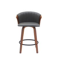 Oja 26 Inch Swivel Counter Stool Chair, Gray Faux Leather, Walnut Brown - BM304898