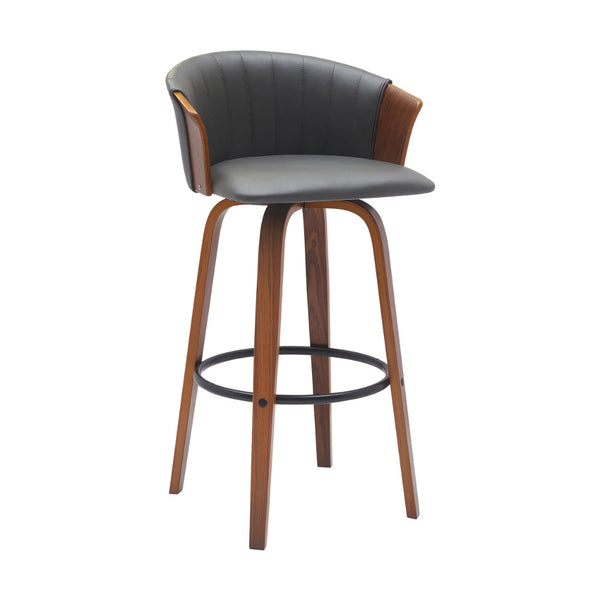 Oja 30 Inch Swivel Barstool Chair, Gray Faux Leather, Curved, Walnut Brown - BM304903