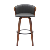 Oja 30 Inch Swivel Barstool Chair, Gray Faux Leather, Curved, Walnut Brown - BM304903