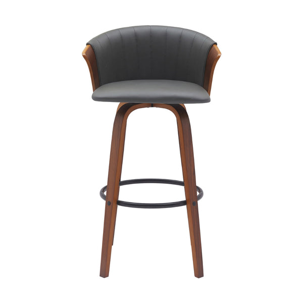 Oja 30 Inch Swivel Barstool Chair, Gray Faux Leather, Curved, Walnut Brown - BM304903