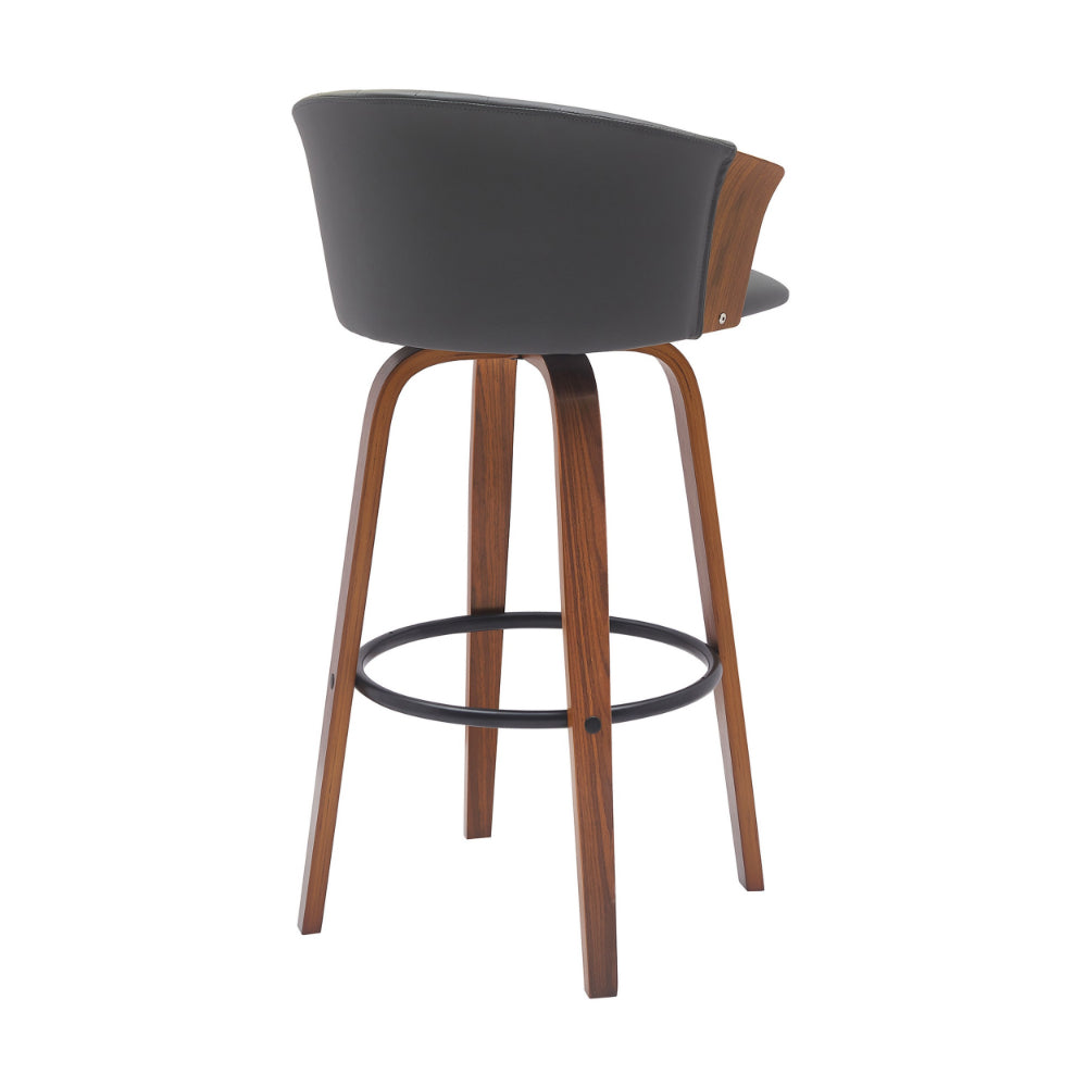 Oja 30 Inch Swivel Barstool Chair, Gray Faux Leather, Curved, Walnut Brown - BM304903