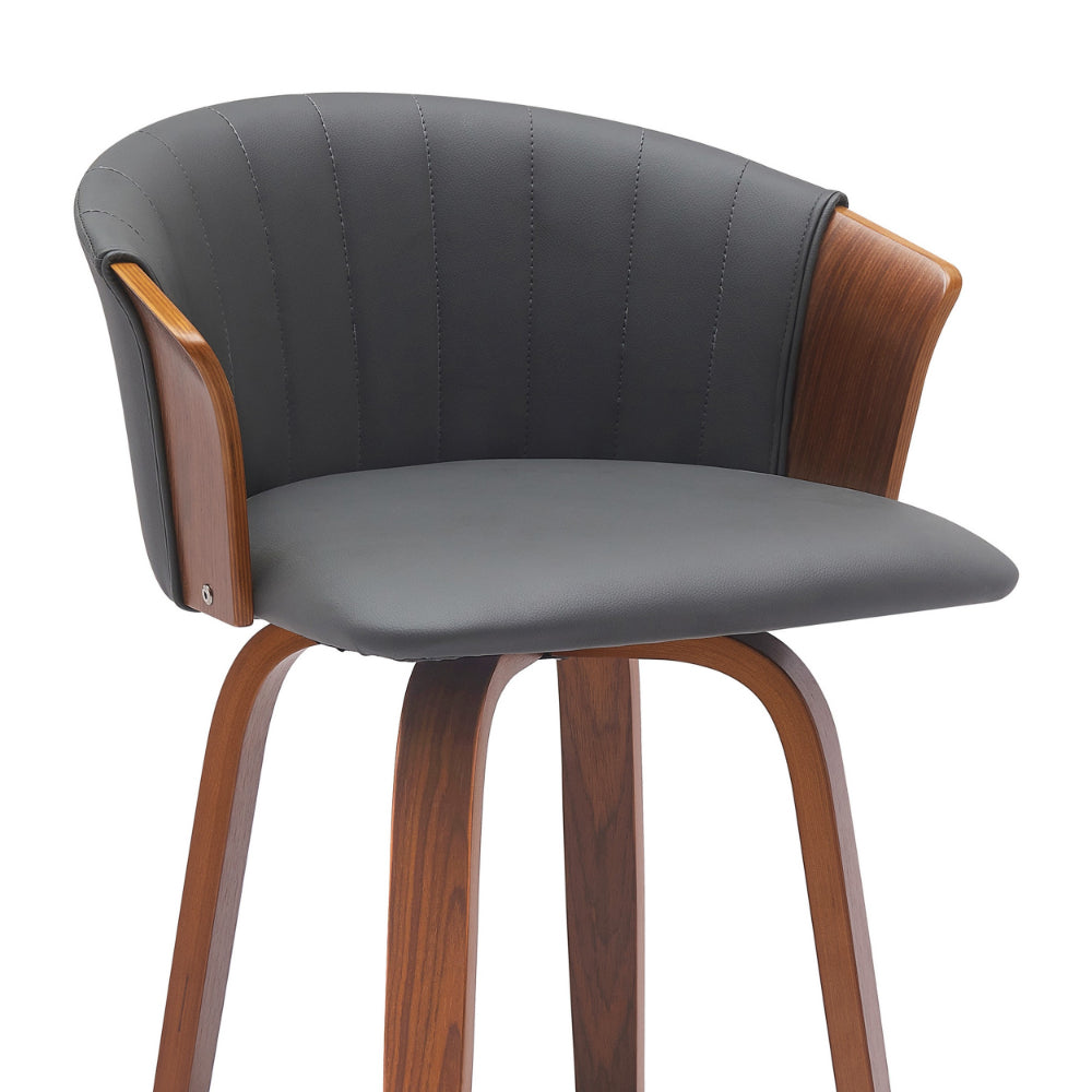 Oja 30 Inch Swivel Barstool Chair, Gray Faux Leather, Curved, Walnut Brown - BM304903