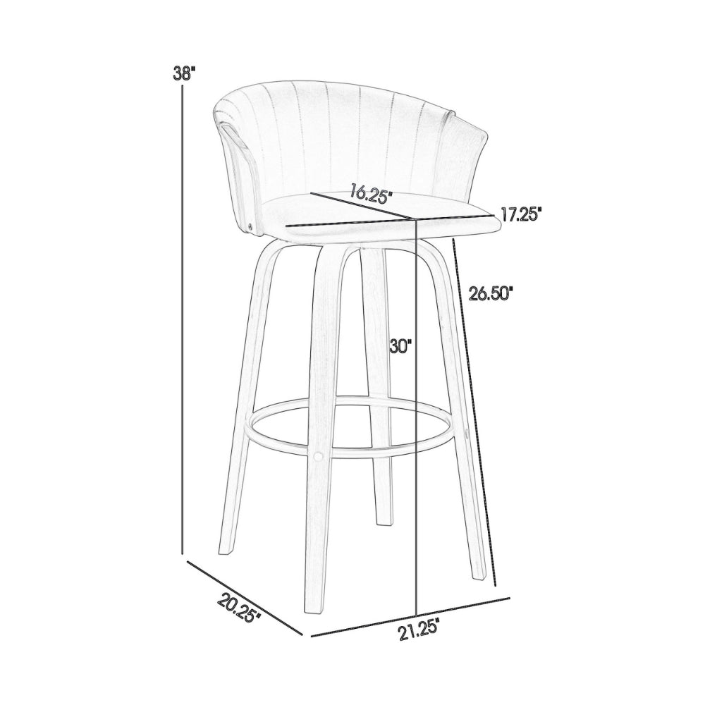 Oja 30 Inch Swivel Barstool Chair, Gray Faux Leather, Curved, Walnut Brown - BM304903