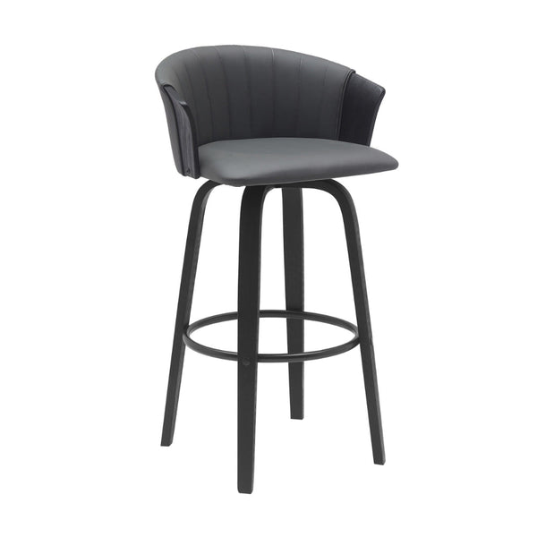 Oja 30 Inch Swivel Barstool Chair, Faux Leather, Curved Back, Black Wood - BM304906
