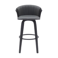 Oja 30 Inch Swivel Barstool Chair, Faux Leather, Curved Back, Black Wood - BM304906