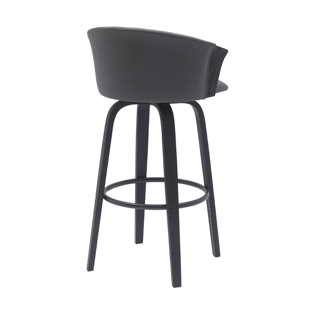 Oja 30 Inch Swivel Barstool Chair, Faux Leather, Curved Back, Black Wood - BM304906