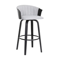 Oja 30 Inch Swivel Barstool Chair, Light Gray Fabric, Curved, Black Wood - BM304907