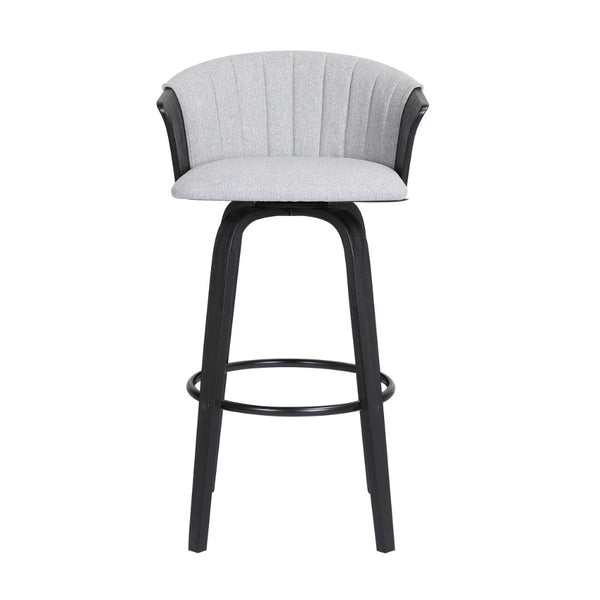Oja 30 Inch Swivel Barstool Chair, Light Gray Fabric, Curved, Black Wood - BM304907