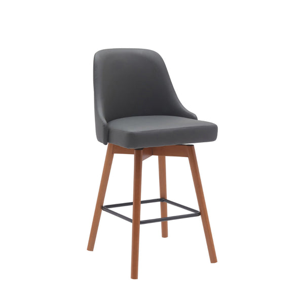 Sean 26 Inch Counter Stool Chair, Swivel, Parson, Gray Faux Leather, Brown - BM304915