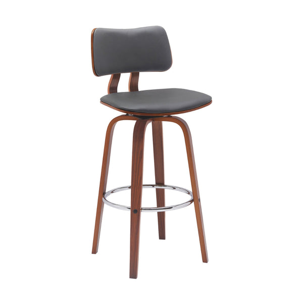 Pino 30 Inch Swivel Barstool Chair, Gray Faux Leather, Walnut Brown Wood - BM304925