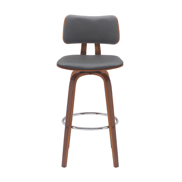 Pino 30 Inch Swivel Barstool Chair, Gray Faux Leather, Walnut Brown Wood - BM304925