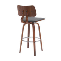 Pino 30 Inch Swivel Barstool Chair, Gray Faux Leather, Walnut Brown Wood - BM304925