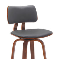 Pino 30 Inch Swivel Barstool Chair, Gray Faux Leather, Walnut Brown Wood - BM304925