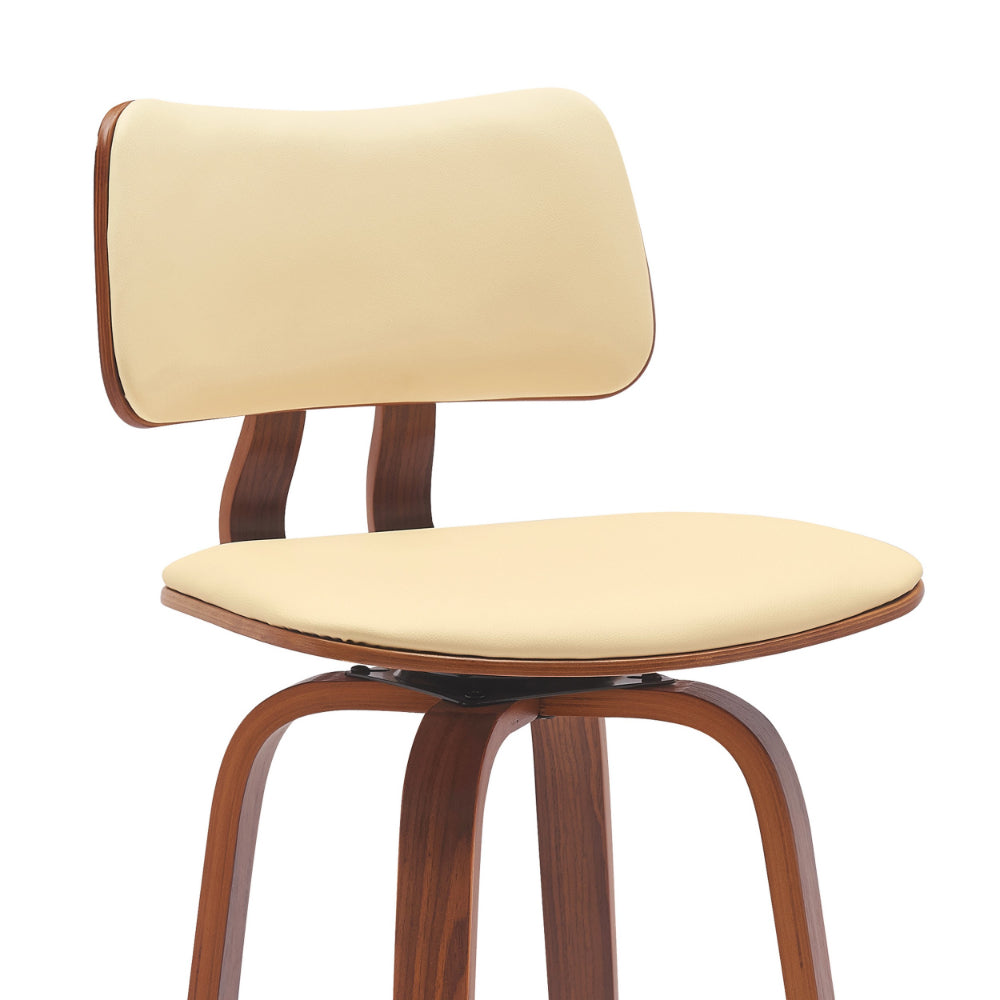 Pino 30 Inch Swivel Barstool Chair, Cream Faux Leather, Walnut Brown Wood - BM304926