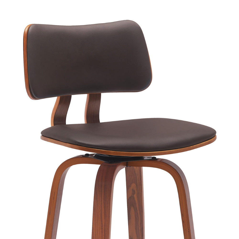 Pino 30 Inch Swivel Barstool Chair, Brown Faux Leather Walnut Brown Wood - BM304927